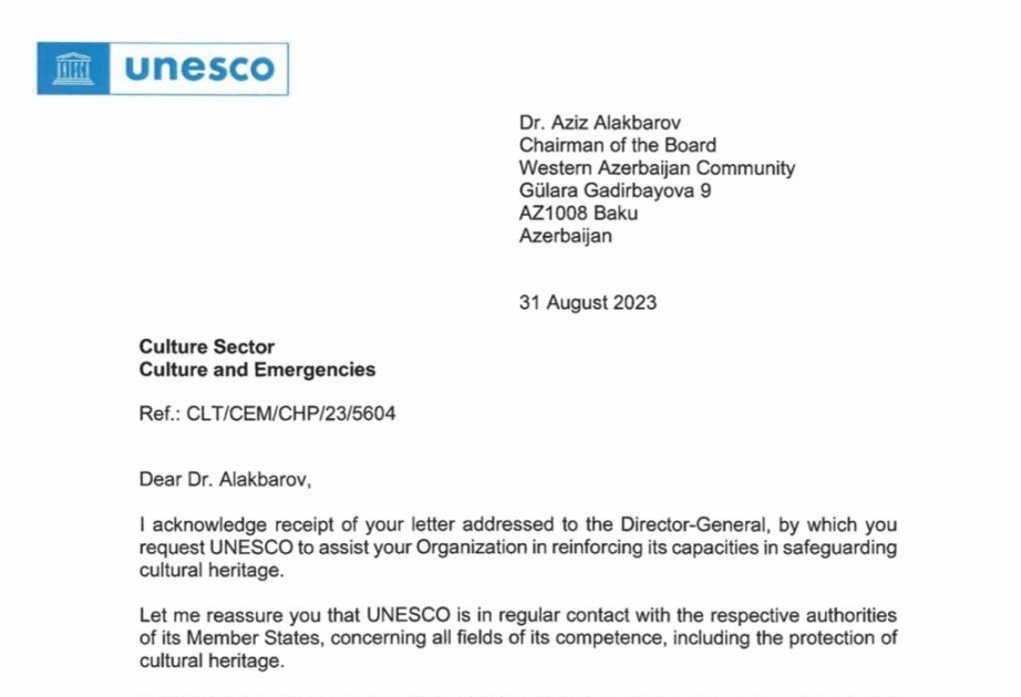 UNESCO responde positivamente al llamamiento de la Comunidad de Azerbaiyán Occidental