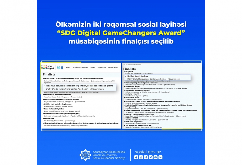 Ölkəmizin iki rəqəmsal sosial layihəsi “SDG Digital GameChangers Award” müsabiqəsinin finalçıları seçilib