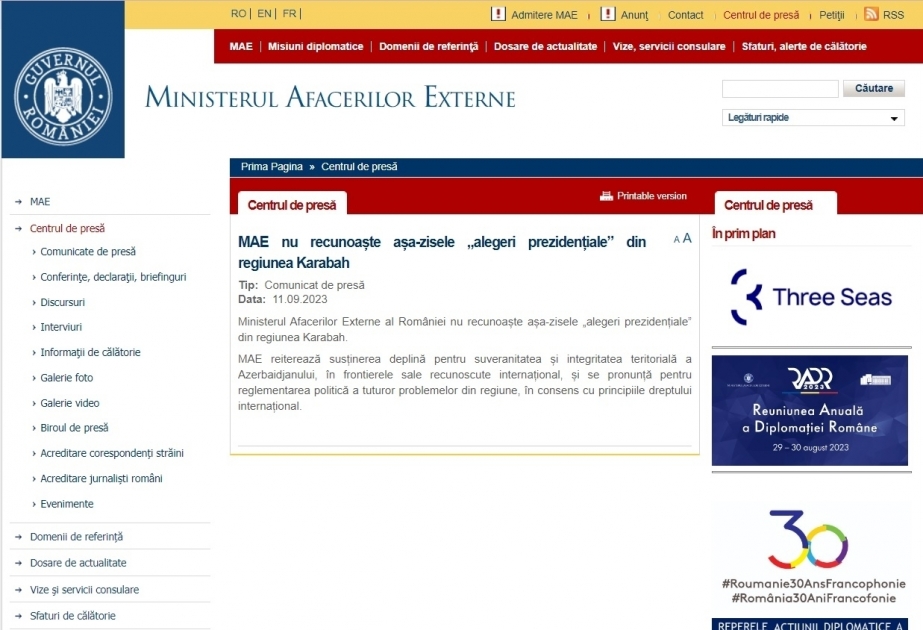 Romania does not recognize so-called “presidential elections” in Karabakh