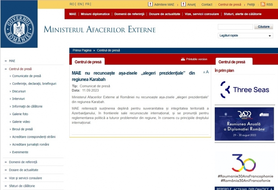 Rumanía no reconoce las llamadas "elecciones presidenciales" en Garabagh