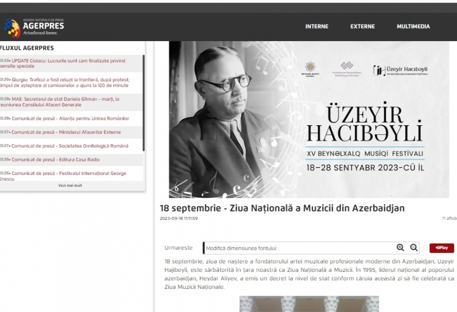 Rumıniyanın milli xəbər agentliyində Azərbaycan Milli Musiqi Günü ilə əlaqədar geniş məqalə dərc edilib