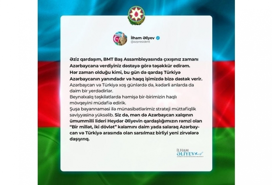 Presidente Ilham Aliyev expresa su agradecimiento a Recep Tayyip Erdogan