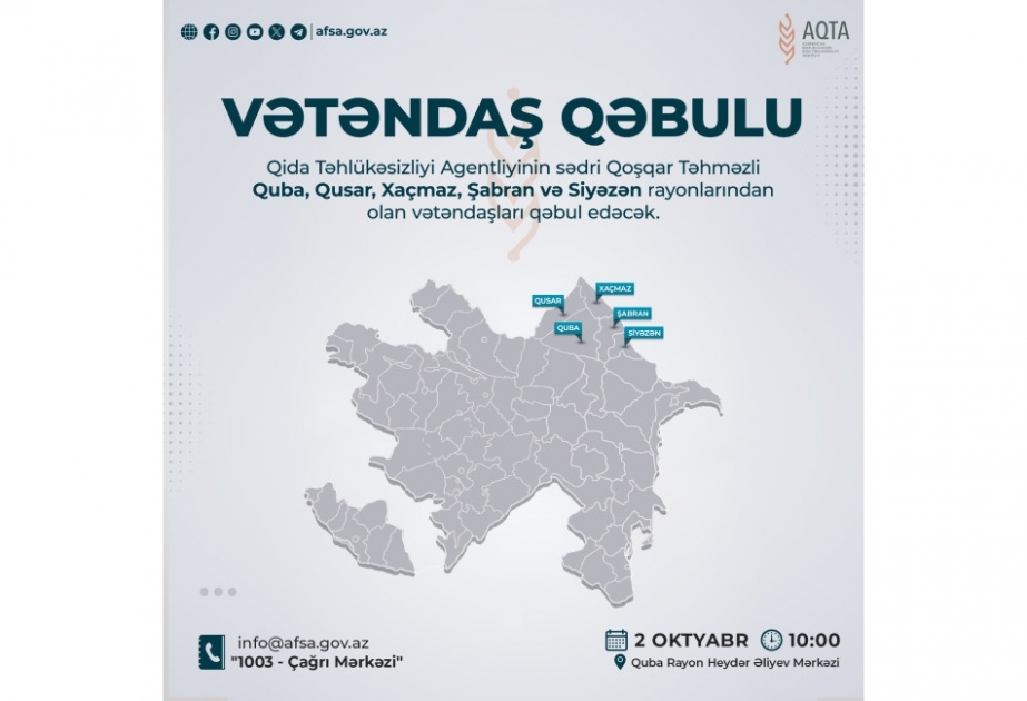 Qida Təhlükəsizliyi Agentliyinin sədri Qubada vətəndaşlarla görüşəcək