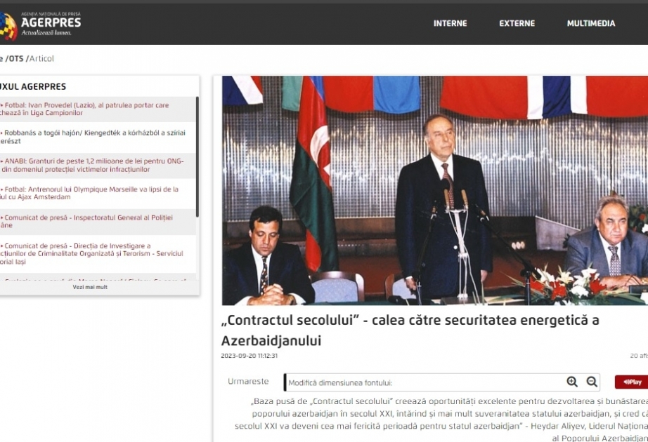 Rumıniyanın “AGERPRES” xəbər agentliyində “Əsrin müqaviləsi”ndən bəhs olunub