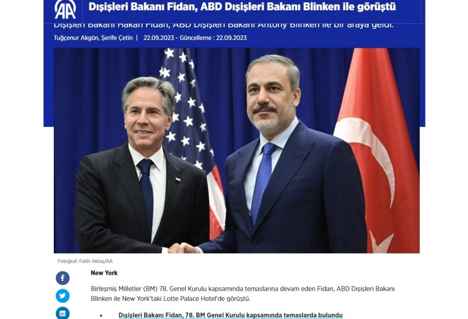 Turkish Foreign Minister Fidan meets US Secretary of State Blinken in New York