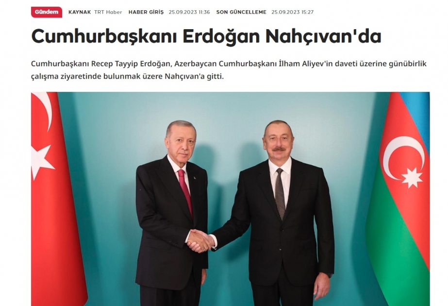 Türkiyə mətbuatı prezidentlər İlham Əliyev və Rəcəb Tayyib Ərdoğanın Naxçıvan görüşünə geniş yer verib
