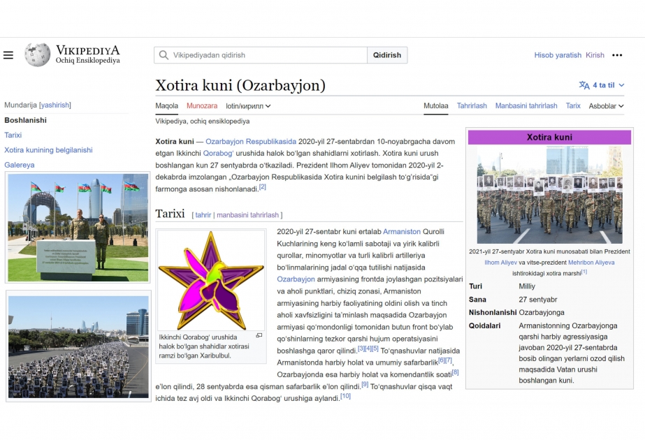 Anım Günü haqqında “Wikipedia”da özbək dilində bölmə istifadəyə verilib
