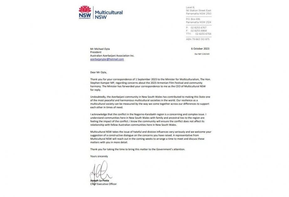 ‘Azerbaijani community in New South Wales has contributed to making this Australian state one of most harmonious multicultural societies in the world’
