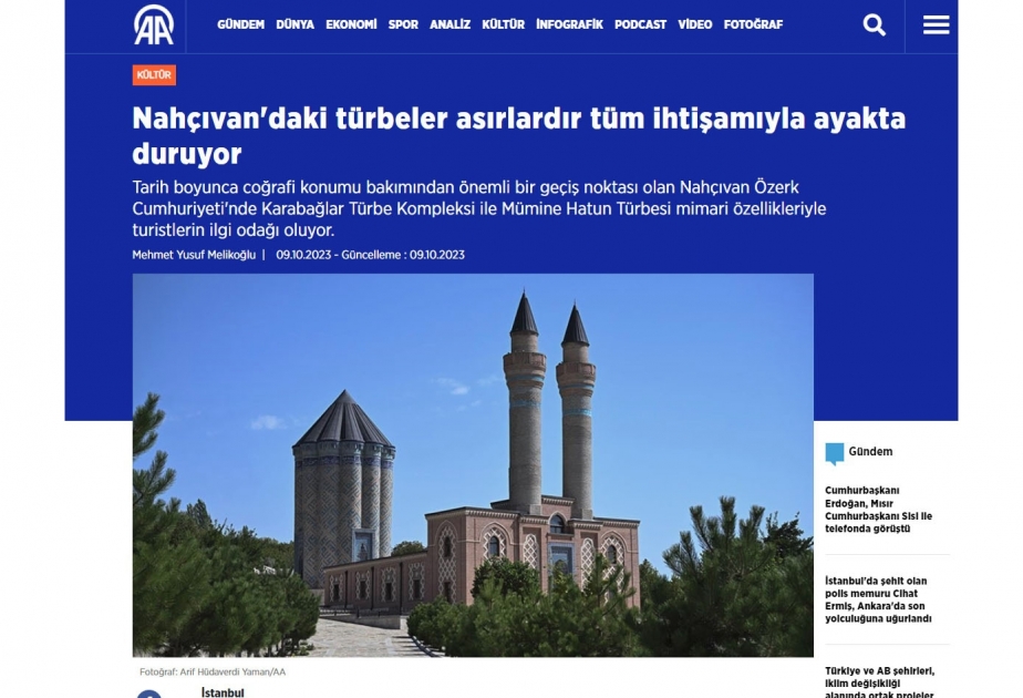 “Anadolu” agentliyi: “Naxçıvandakı türbələr əsrlərdir ki, bütün əzəməti ilə ayaqda dayanır”