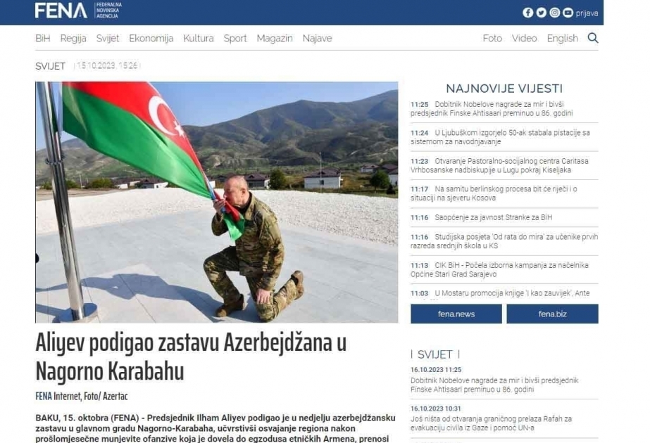 President Ilham Aliyev’s visit to Khankendi and his raising national flag of Azerbaijan there in world media spotlight