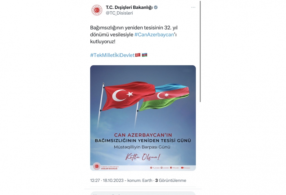 Türkiyə rəsmiləri Müstəqilliyin Bərpası Günü münasibətilə Azərbaycanı təbrik ediblər