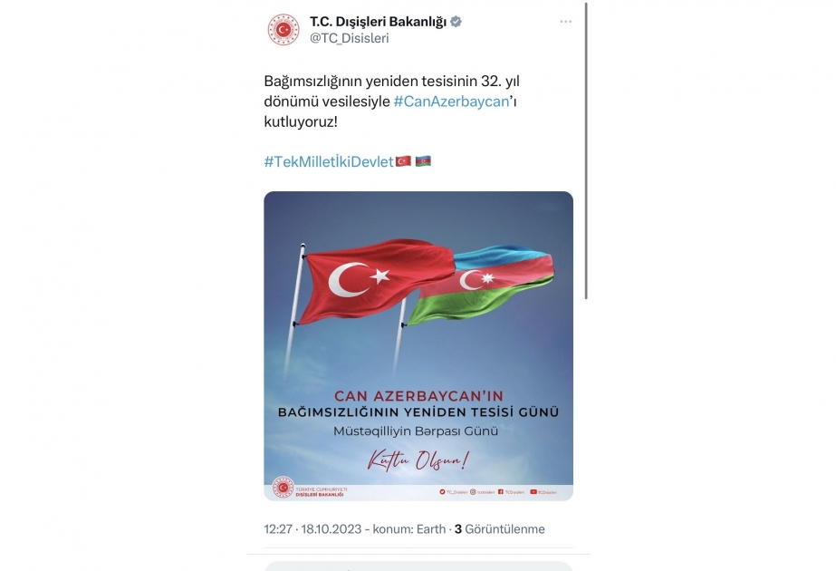 Funcionarios turcos felicitan a Azerbaiyán en el Día de la Restauración de la Independencia