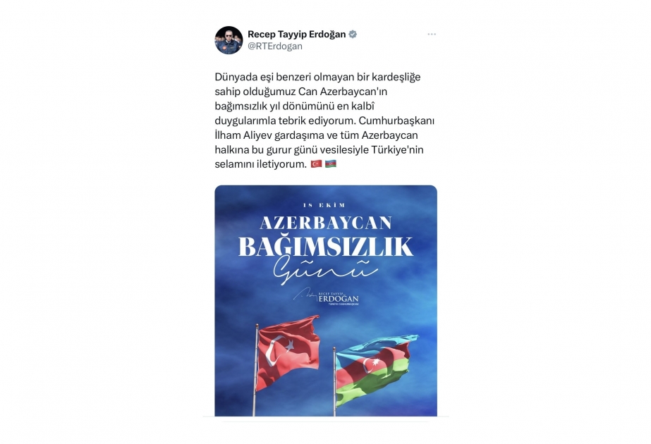 Turkish President Recep Tayyip Erdogan congratulates Azerbaijan on Restoration of Independence Day