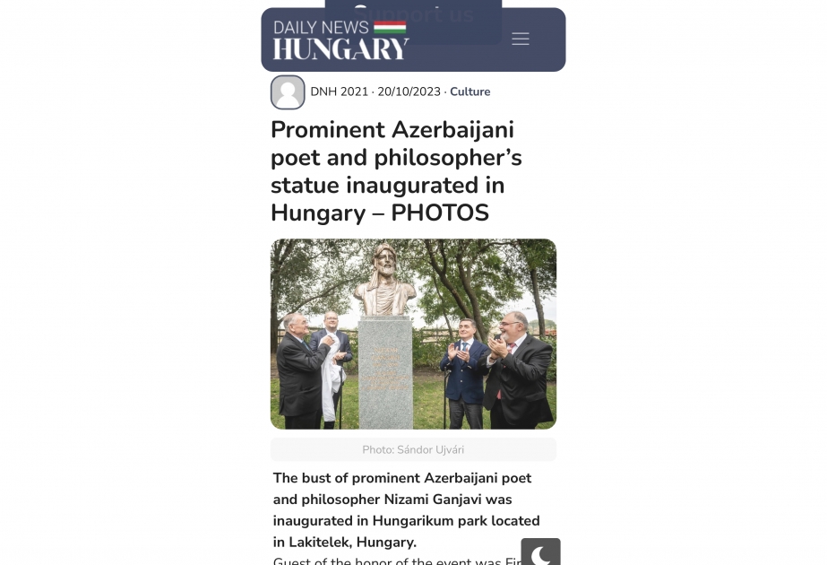 Издание Daily News Hungary рассказало о церемонии открытия в Венгрии бюста Низами