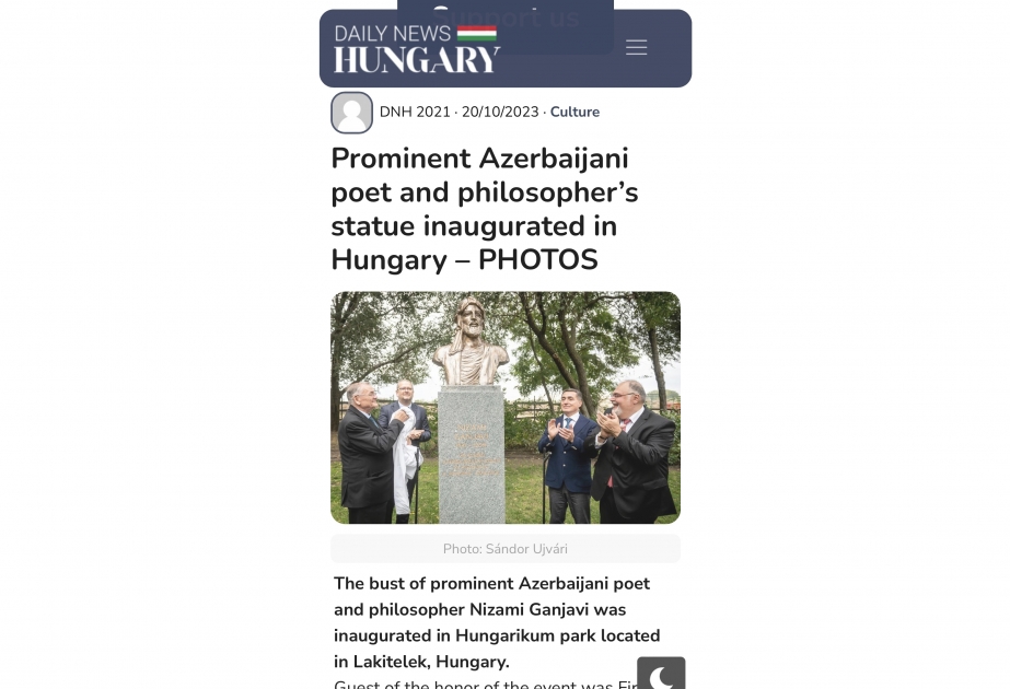 “Daily News Hungary” nəşri Macarıstanda Nizami Gəncəvinin büstünün açılışı mərasimi haqqında məqalə dərc edib
