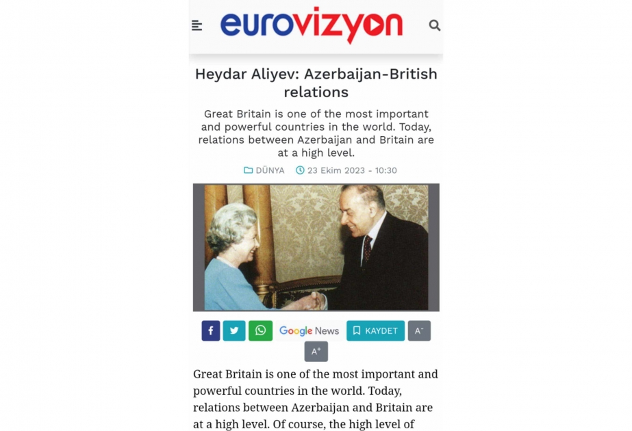 İngiltərə mediasında “Heydər Əliyev: Azərbaycan-Britaniya münasibətləri” sərlövhəli məqalə yayımlanıb