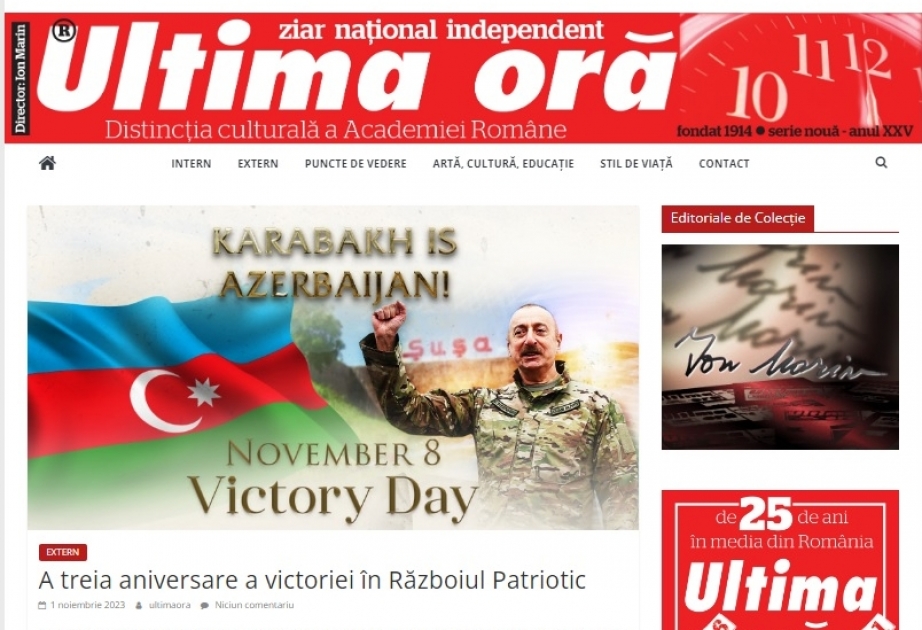 Rumıniya qəzeti Azərbaycanın Zəfər Günü ilə əlaqədar məqalə yayıb