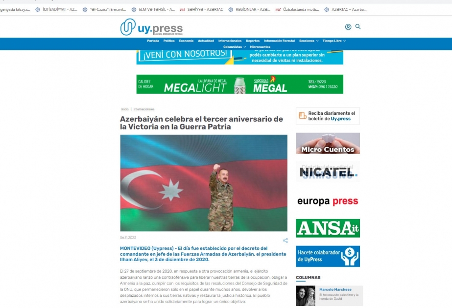 Agencia uruguaya de Noticias escribe sobre el Día de la Victoria de Azerbaiyán