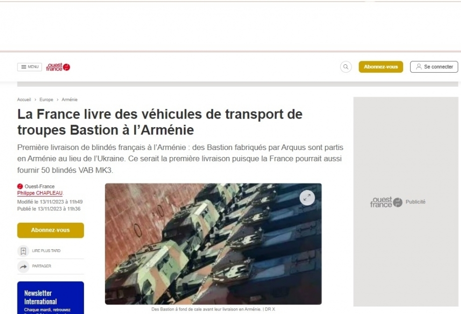 La France envoie des véhicules de transport de troupes Bastion à l’Arménie