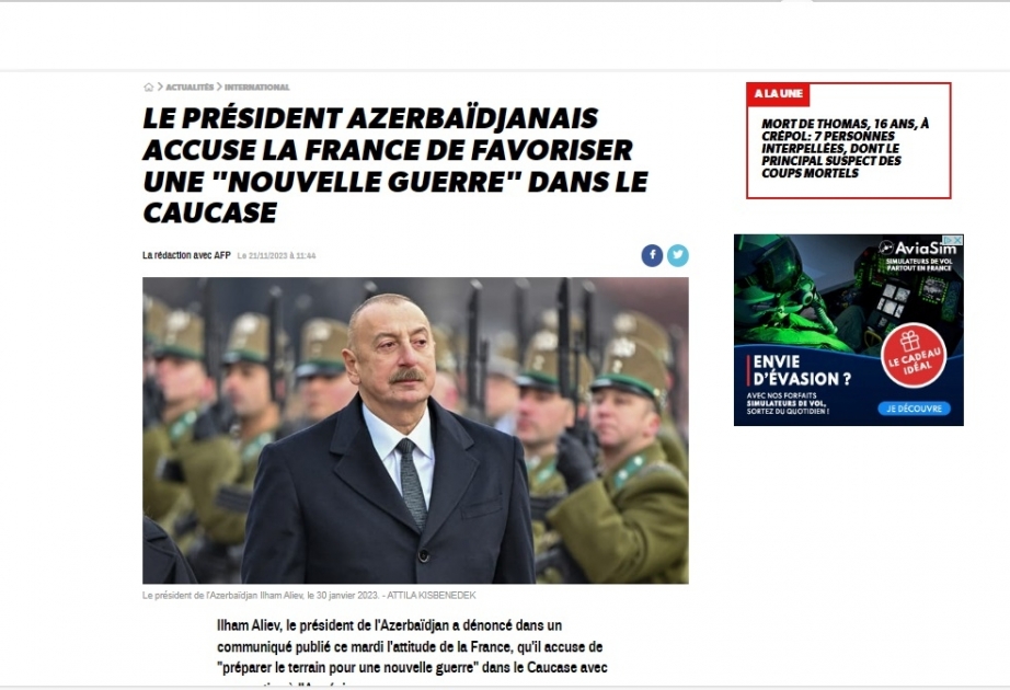 Fransızdilli KİV-lər Azərbaycan Prezidentinin Fransa ilə bağlı fikirlərinə geniş yer ayırıb