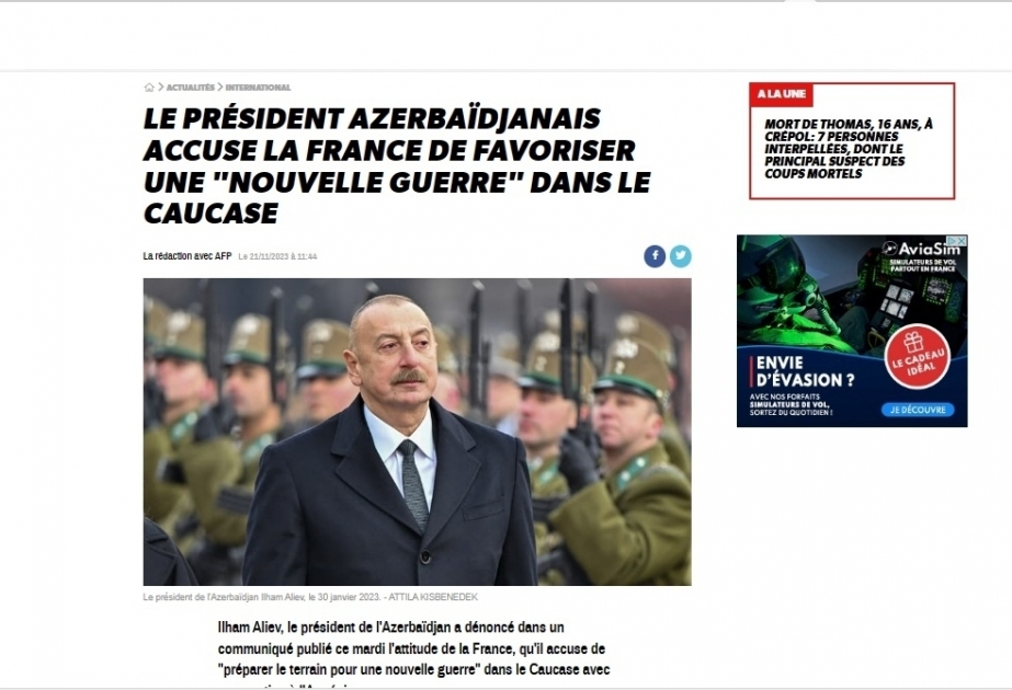 Франкоязычные СМИ отвели широкое место высказываниям Президента Азербайджана касательно Франции