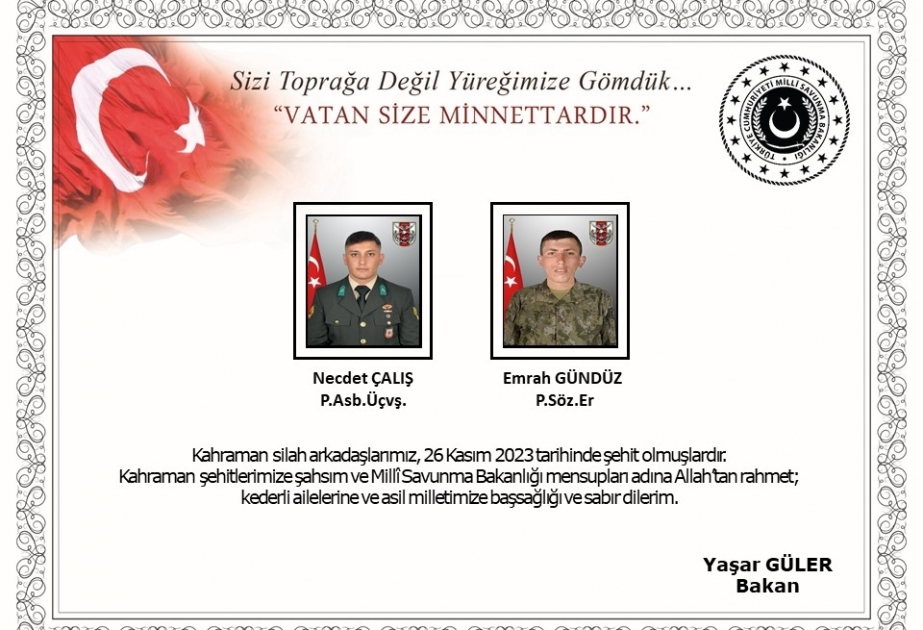 “Pəncə-Kilid” əməliyyatı bölgəsində iki türk əsgəri şəhid olub