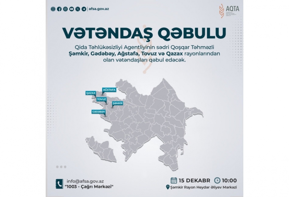 Qida Təhlükəsizliyi Agentliyinin sədri Şəmkirdə vətəndaşları qəbul edəcək