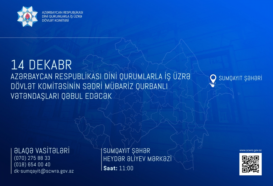 Dini Qurumlarla İş üzrə Dövlət Komitəsinin sədri Sumqayıtda vətəndaşları qəbul edəcək