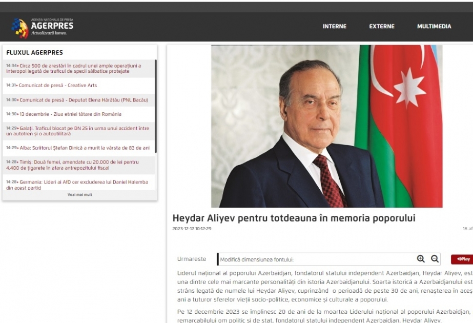 Rumıniyanın milli xəbər agentliyi Heydər Əliyevin həyat və fəaliyyətinə dair məqalə yayıb