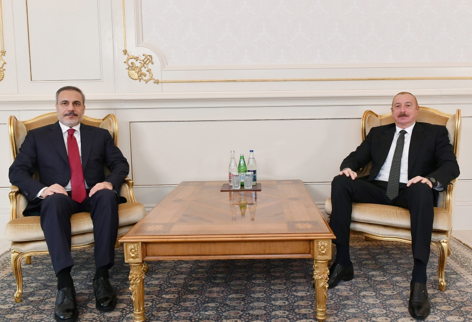 Präsident Ilham Aliyev empfängt türkischen Außenminister VIDEO