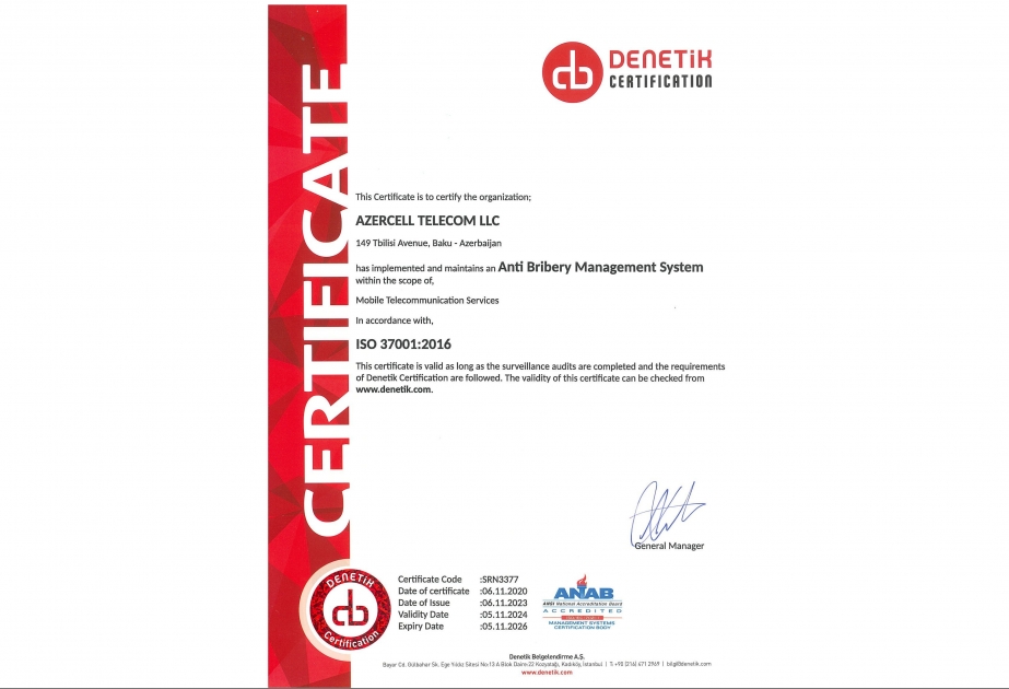 ®  “Azercell” növbəti dəfə ISO 37001:2016 “Antikorrupsiya idarəetmə sistemi” standartları üzrə sertifikata layiq görülüb