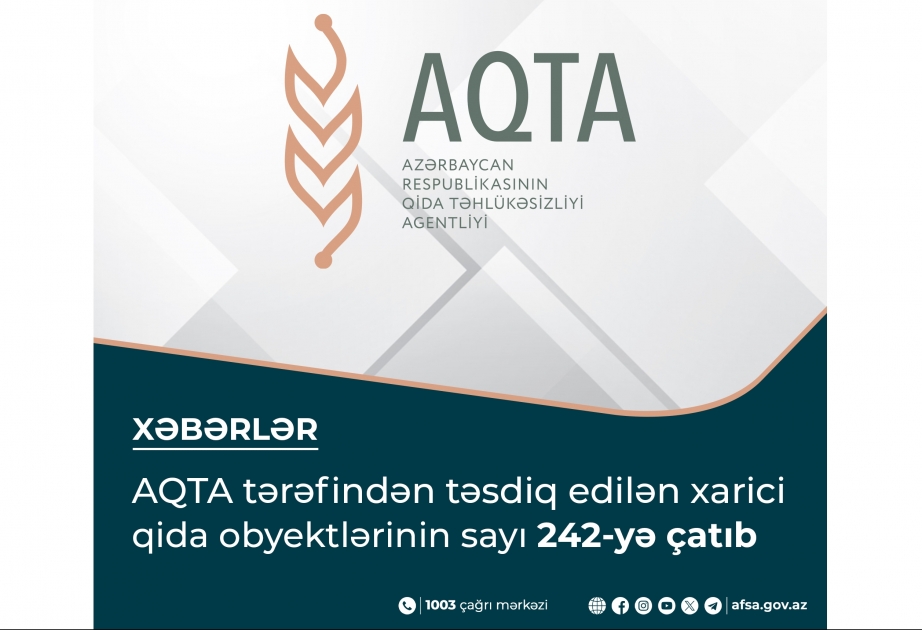 AQTA tərəfindən təsdiq edilən xarici qida obyektlərinin sayı 242-yə çatıb