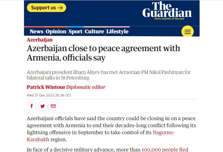 The Guardian: Азербайджан и Армения близки к достижению мирного соглашения