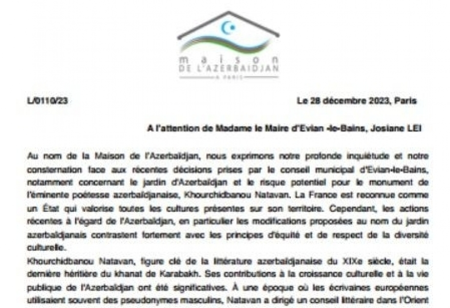 La Casa de Azerbaiyán en París recurrió a la Alcaldía de la ciudad francesa de Évian-les-Bains