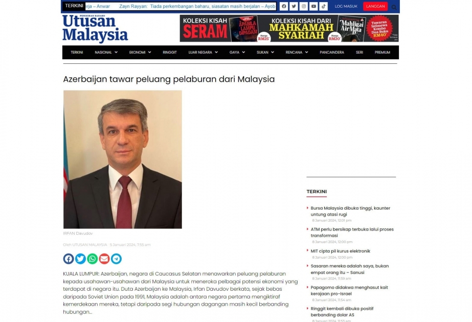 Azerbaijan's investment appeal featured in Utusan Malaysia