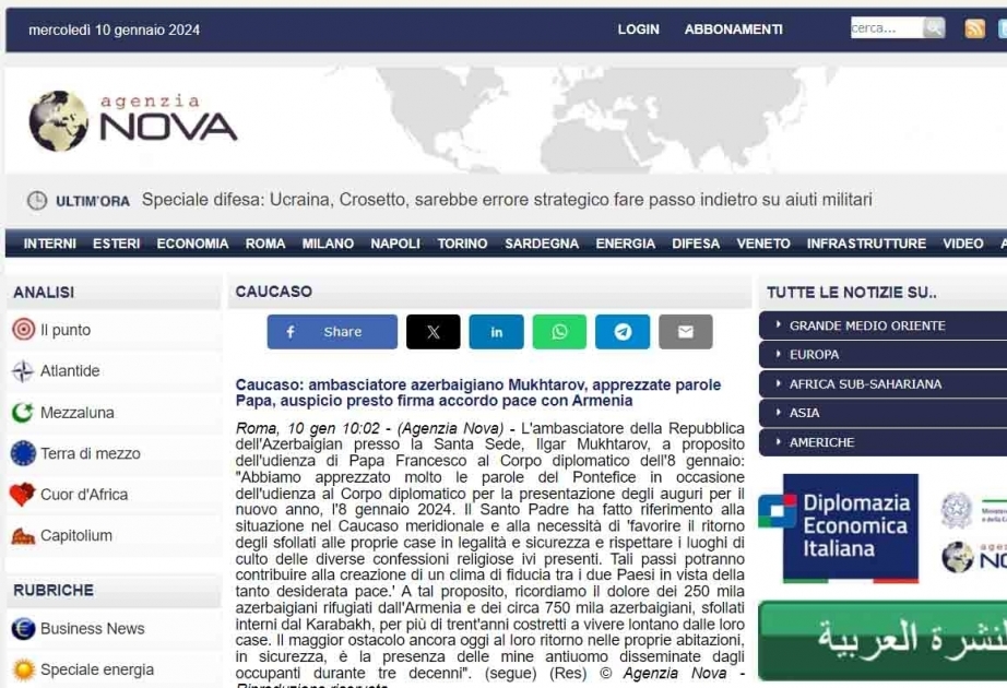 Italian news portals highlight peace process between Azerbaijan and Armenia