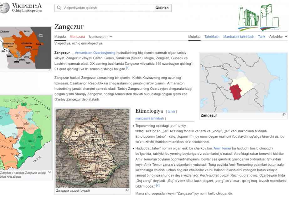 “Wikipediya”da özbək dilində Zəngəzur adlı bölmə istifadəyə verilib