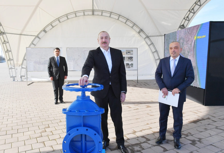 Prezident İlham Əliyev Neftçala şəhərinin içməli su təchizatı sistemlərinin istismara verilməsi tədbirində iştirak edib YENİLƏNİB VİDEO