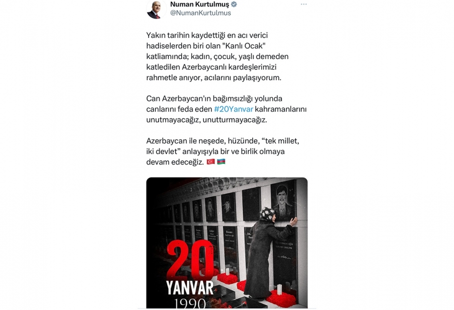 Numan Kurtulmuş: 20 Yanvar qəhrəmanlarını unutmayacaq, unutdurmayacağıq