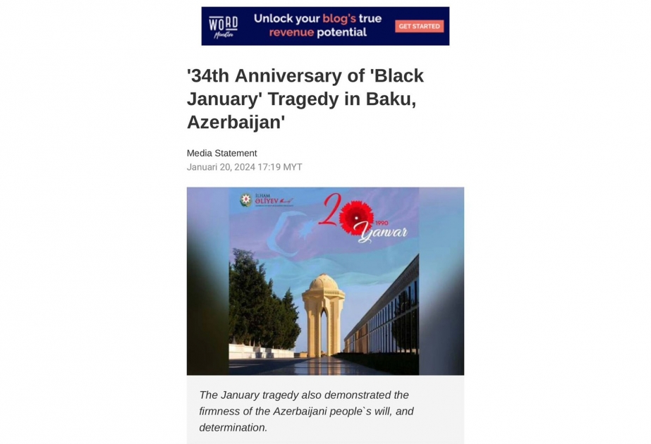 Malayziyanın nüfuzlu nəşrində 20 Yanvardan bəhs edən məqalə dərc olunub