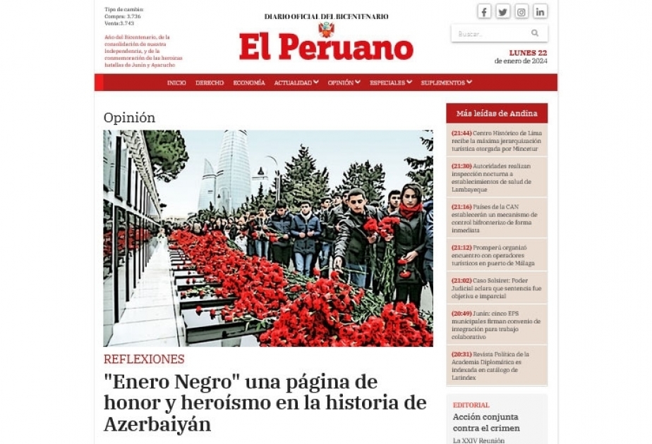 El Peruano: "Enero Negro" una página de honor y heroísmo en la historia de Azerbaiyán