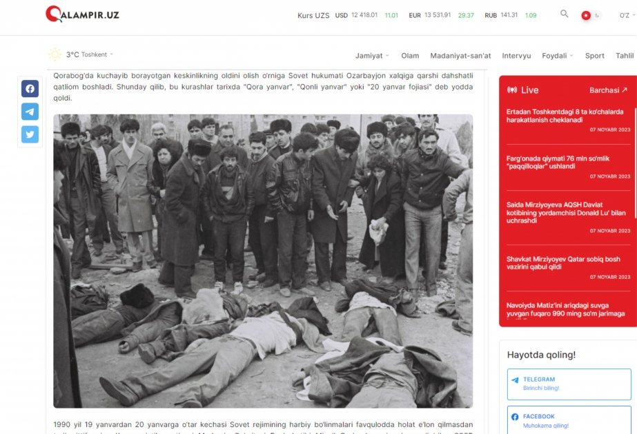20 Yanvar faciəsi Özbəkistan mətbuatında geniş şəkildə işıqlandırılıb