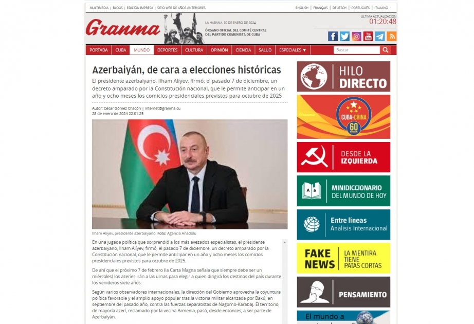 El periódico cubano escribe sobre las elecciones presidenciales anticipadas en Azerbaiyán