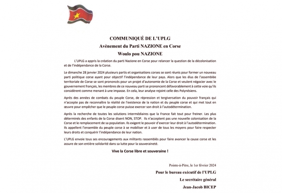 Statement by People's Union for Liberation of Guadeloupe on establishment of Nazione Party in Corsica