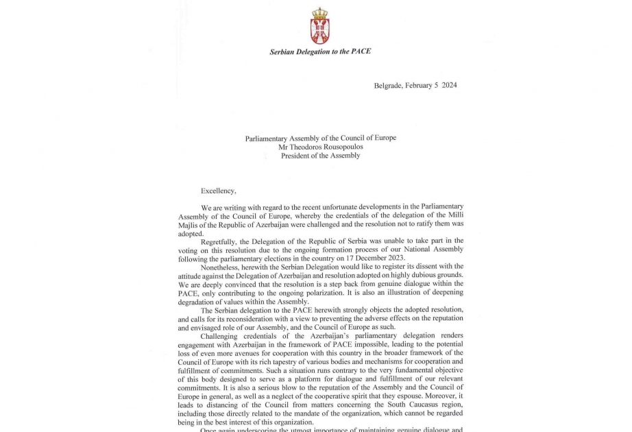 Delegación serbia en la APCE protesta contra la resolución sobre la delegación azerbaiyana