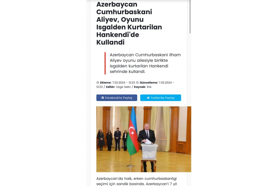 Турецкие СМИ широко осветили состоявшиеся в Азербайджане президентские выборы