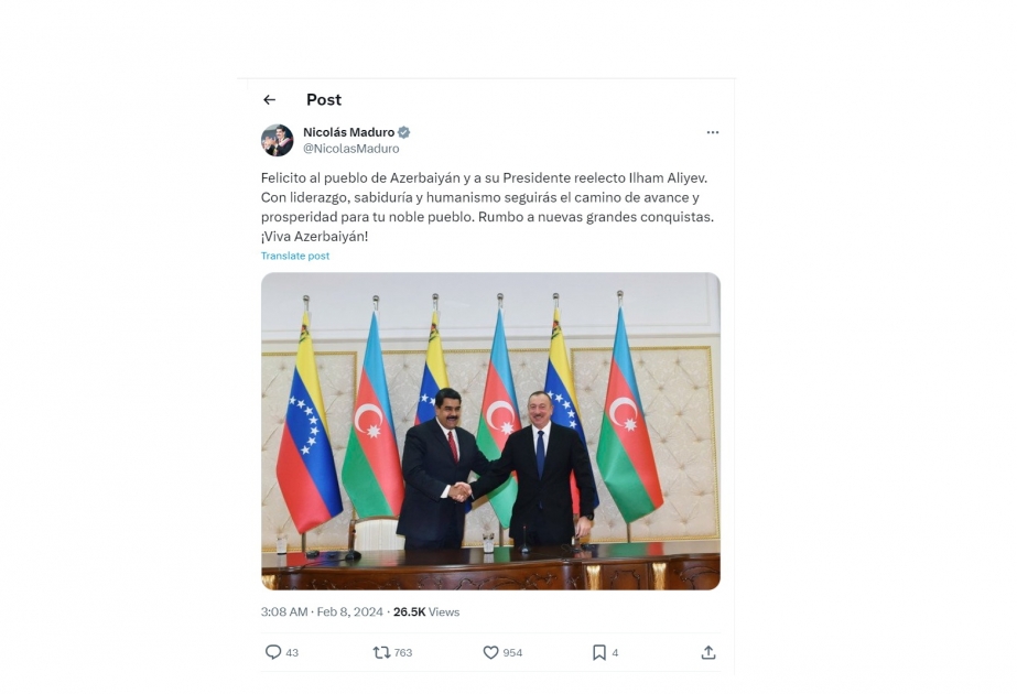 Presidente venezolano Nicolás Maduro felicita al presidente Ilham Aliyev por su victoria en las elecciones