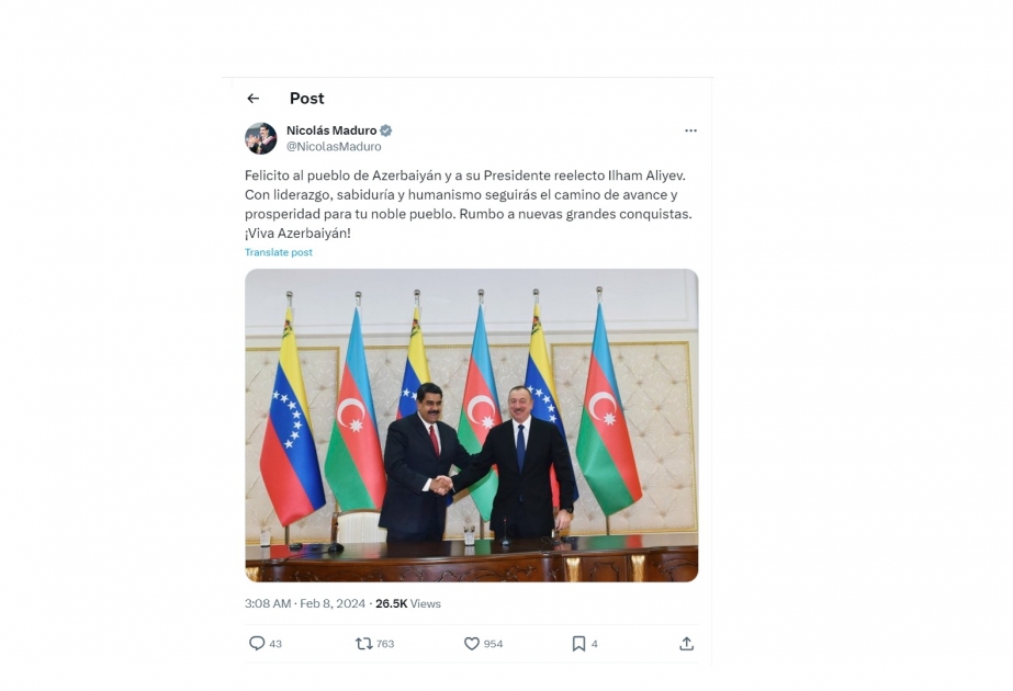Venezuelan President Nicolas Maduro congratulates President Ilham Aliyev on his victory in elections