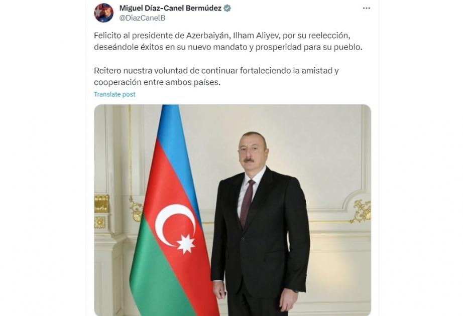 Cuban President Miguel Díaz-Canel Bermúdez congratulates President Ilham Aliyev on his victory in election