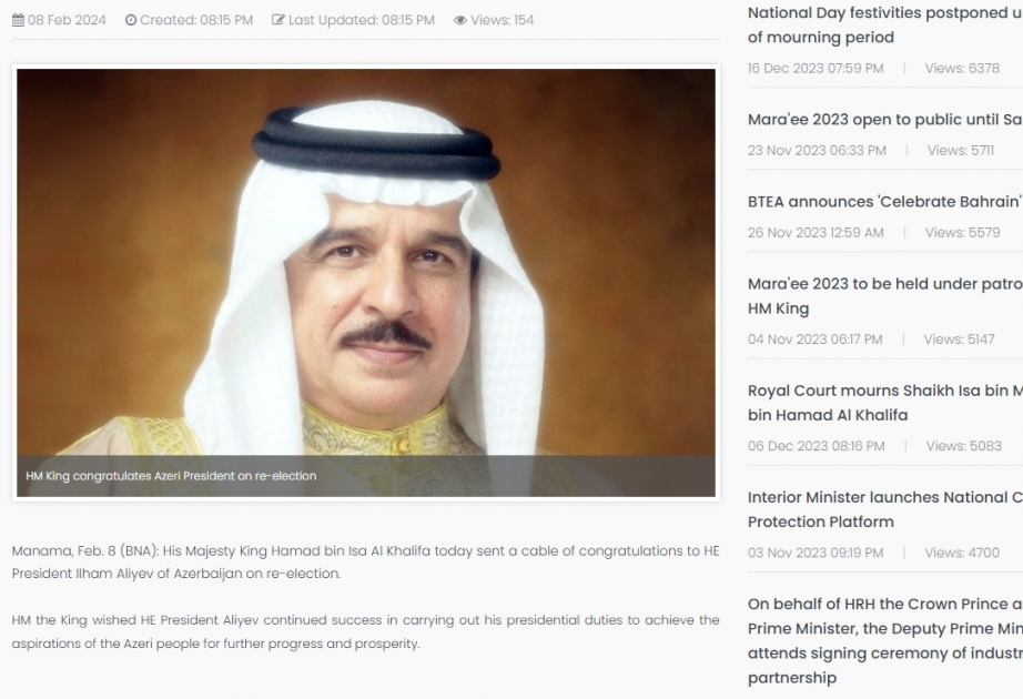 Bahraini King congratulates Ilham Aliyev on his landslide victory in presidential election